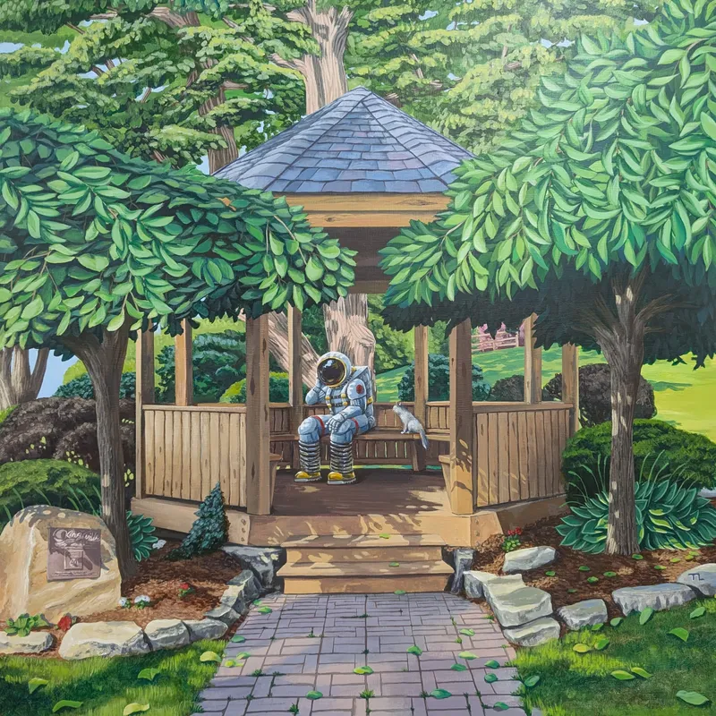 Lakeside Gazebonaut, 2025, acrylic on wood panel by Todd Lawson
